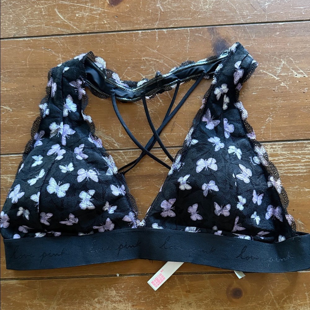 Victoria’s Secret pink Women's Black and Purple Butterfly Lace Bralette. Xl